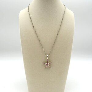 Starfish Pendant Necklace Pink Crystals Silver Tone 16" Bead Chain Beach